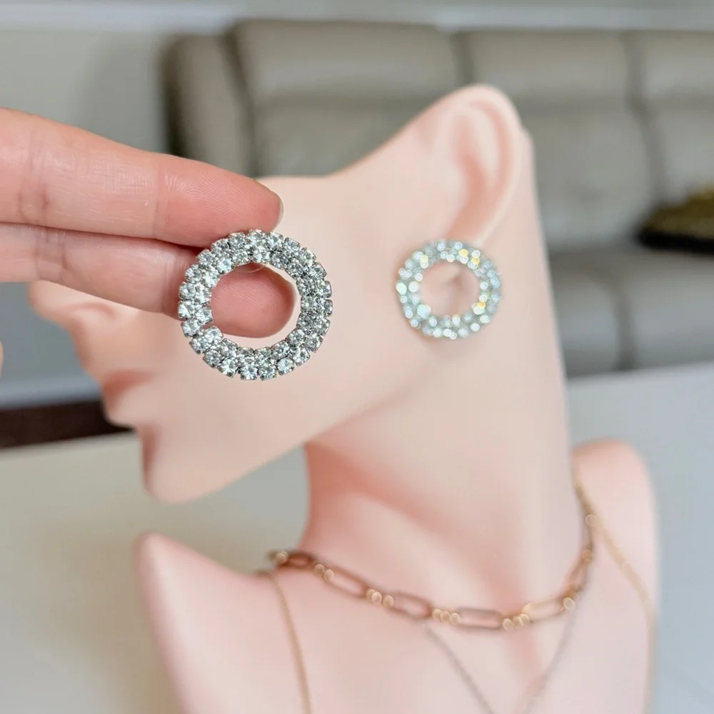 Crystal Circle Stud Earrings - Silver Tone